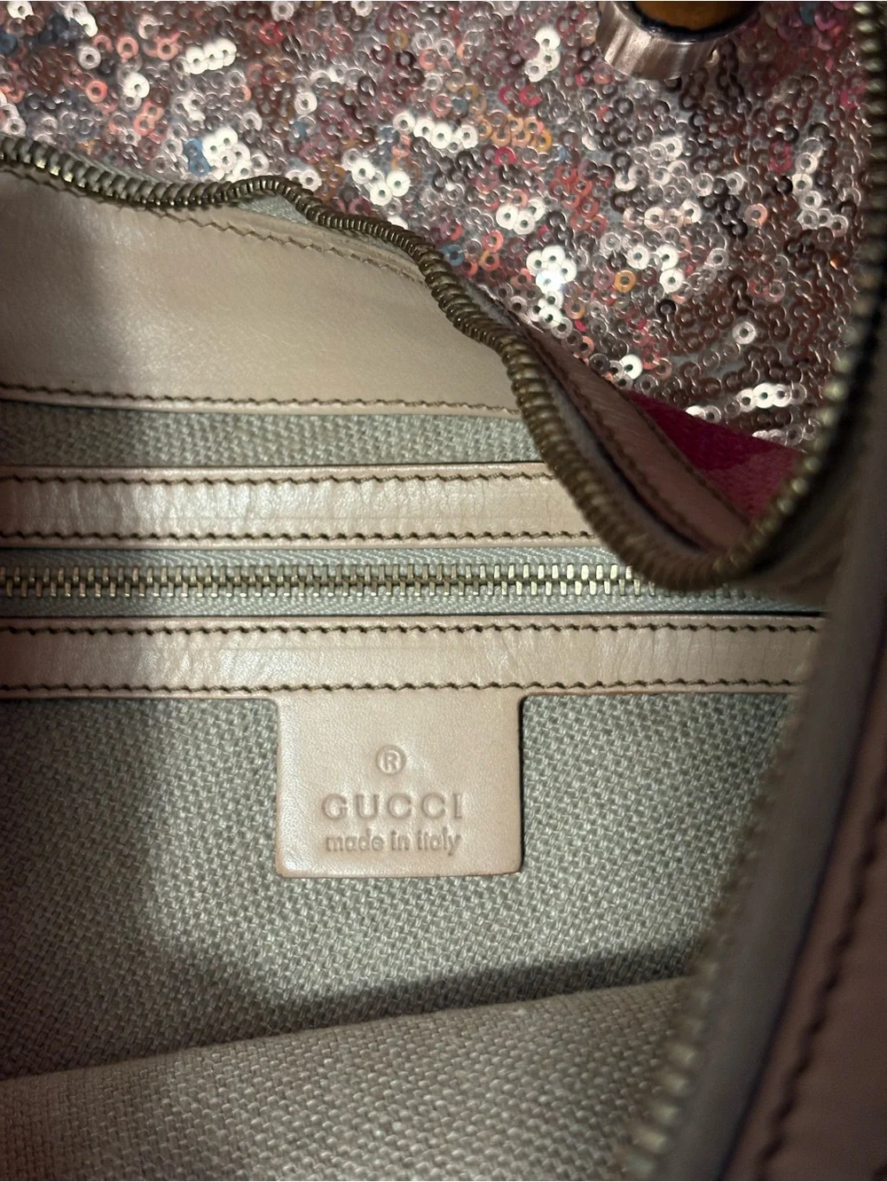GUCCI bamboo ring striped canvas hobo bag.